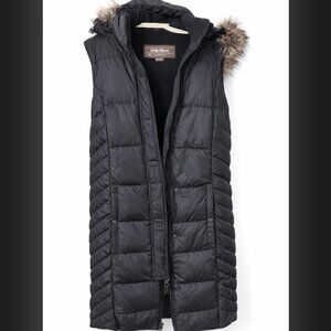NOT FOR SALE Eddie Bauer Black Long Puffer Vest Faux Fur Hood Women’s Small
